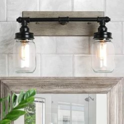 Buy ✔️ LALUZ 2-Light Black Wall Sconces Distressed Faux Wood Vanity Lights Bathroom 🔥