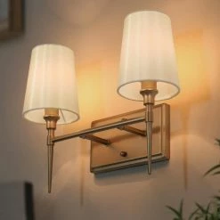 Cheapest 🎉 LALUZ Modern Gold Bathroom Vanity Light With Fabric Shade, 2-Light 💯