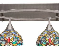 New 👏 Toltec Lighting Bow 4-Light Bath Bar, With 7" Kaleidoscope Art Glass, Brushed Nickel ✨