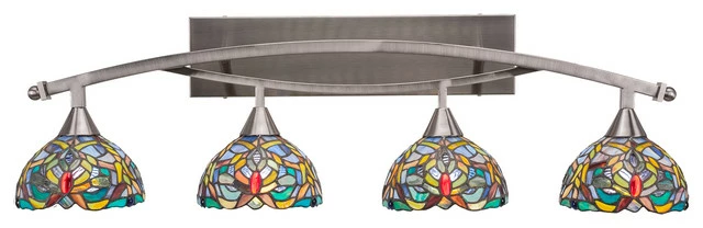 New ๐ Toltec Lighting Bow 4-Light Bath Bar, With 7" Kaleidoscope Art Glass, Brushed Nickel โจ 1 New ๐ Toltec Lighting Bow 4-Light Bath Bar, With 7" Kaleidoscope Art Glass, Brushed Nickel โจ